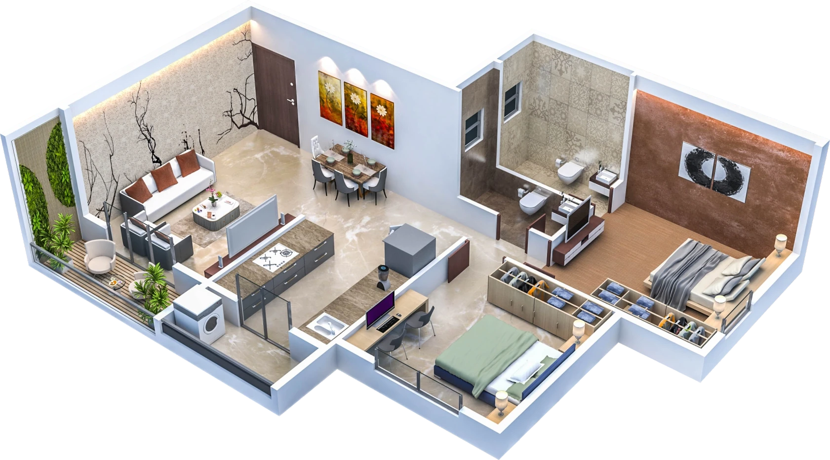 Isometric 3D view of a 2 BHK flat showing living room, kitchen, two bedrooms, toilets, sit-out and utility