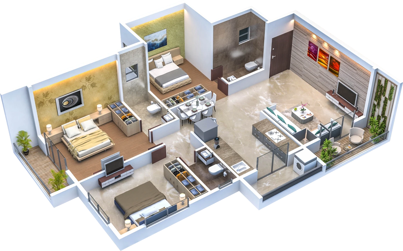 Isometric 3D view of a 3 BHK flat showing living room, kitchen, three bedrooms, toilets, balcony, sit-out and utility
