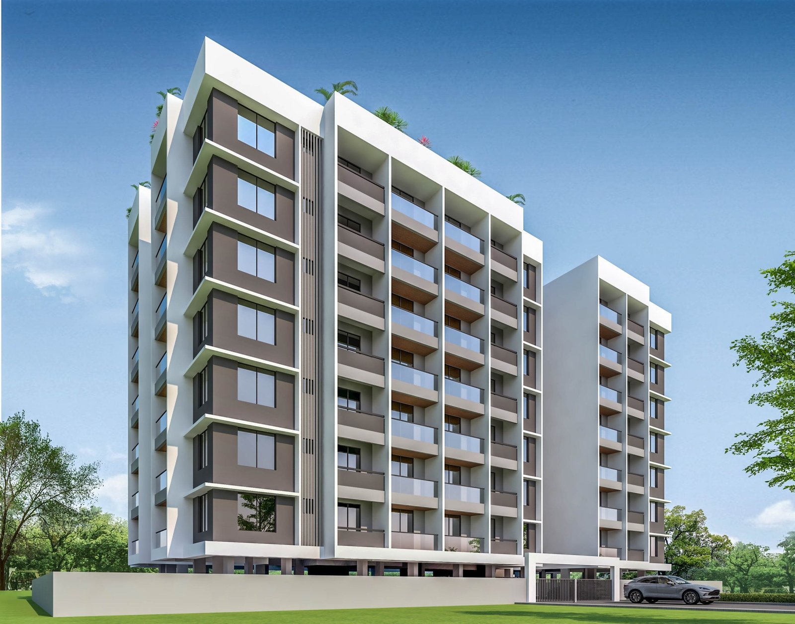 Daytime render of the two-block building with balconies and a landscaped edge