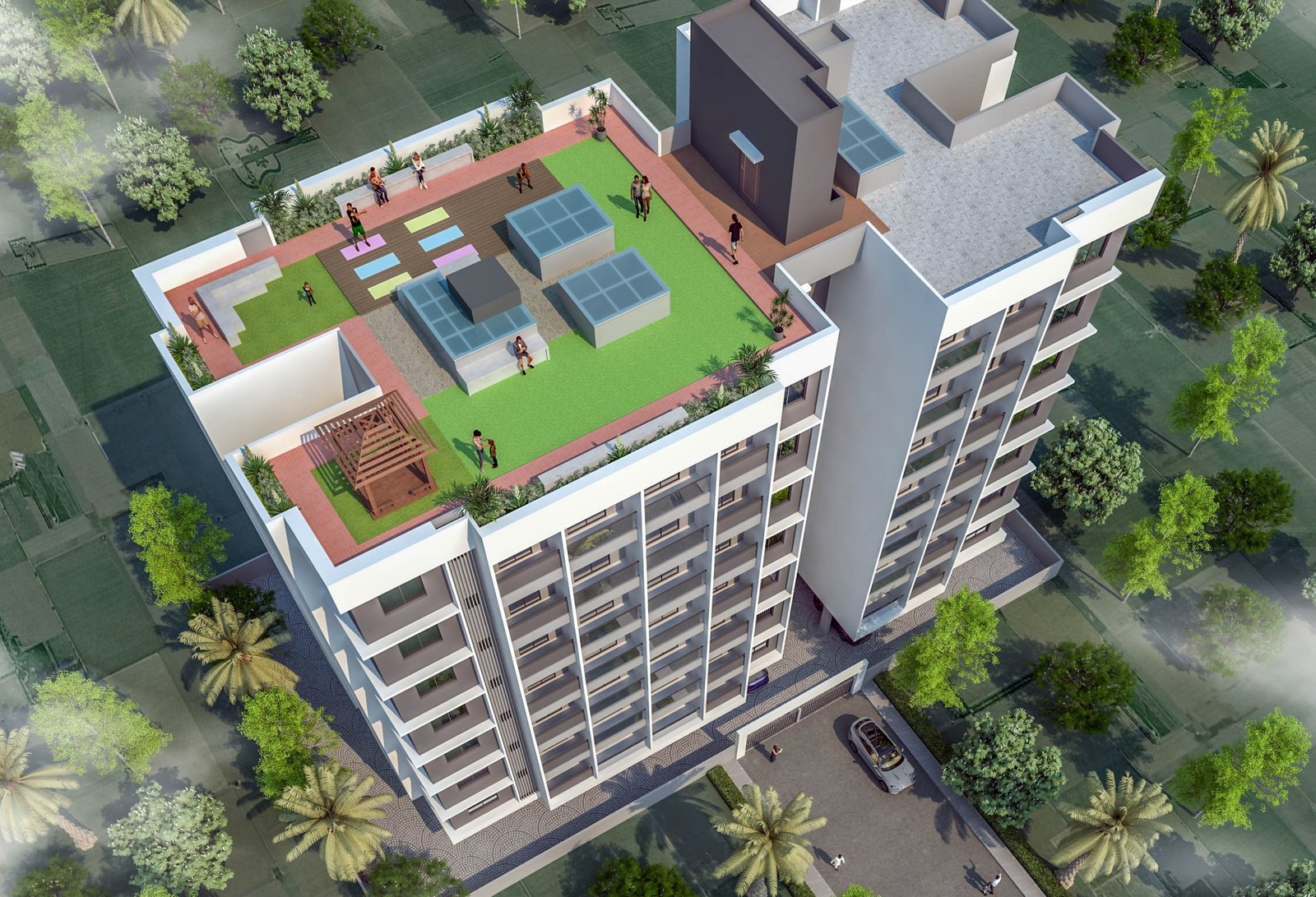 Aerial render of the building with its terrace amenities