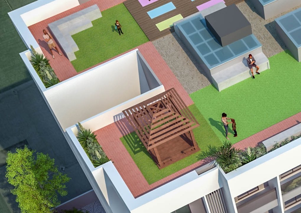 Render of the timber gazebo on the terrace lawn