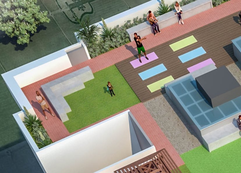 Render of the terrace seating steps and planters