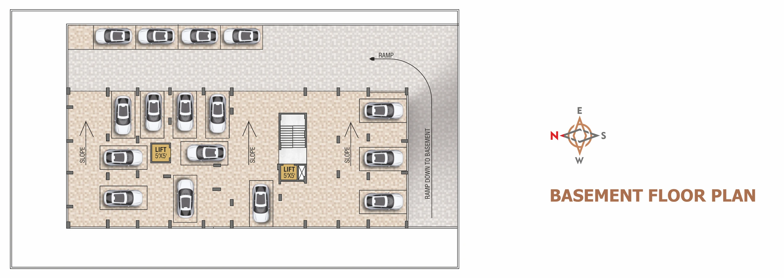 Basement floor plan showing parking bays, ramp down to basement, slopes, staircase and lift