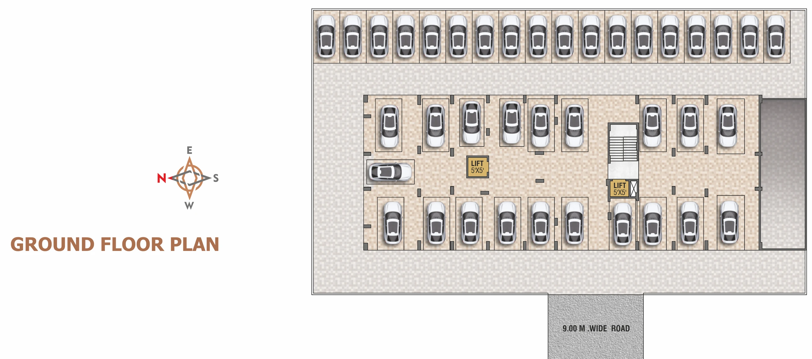 Ground floor plan showing parking bays, staircase, lift and the 9.00 m wide road
