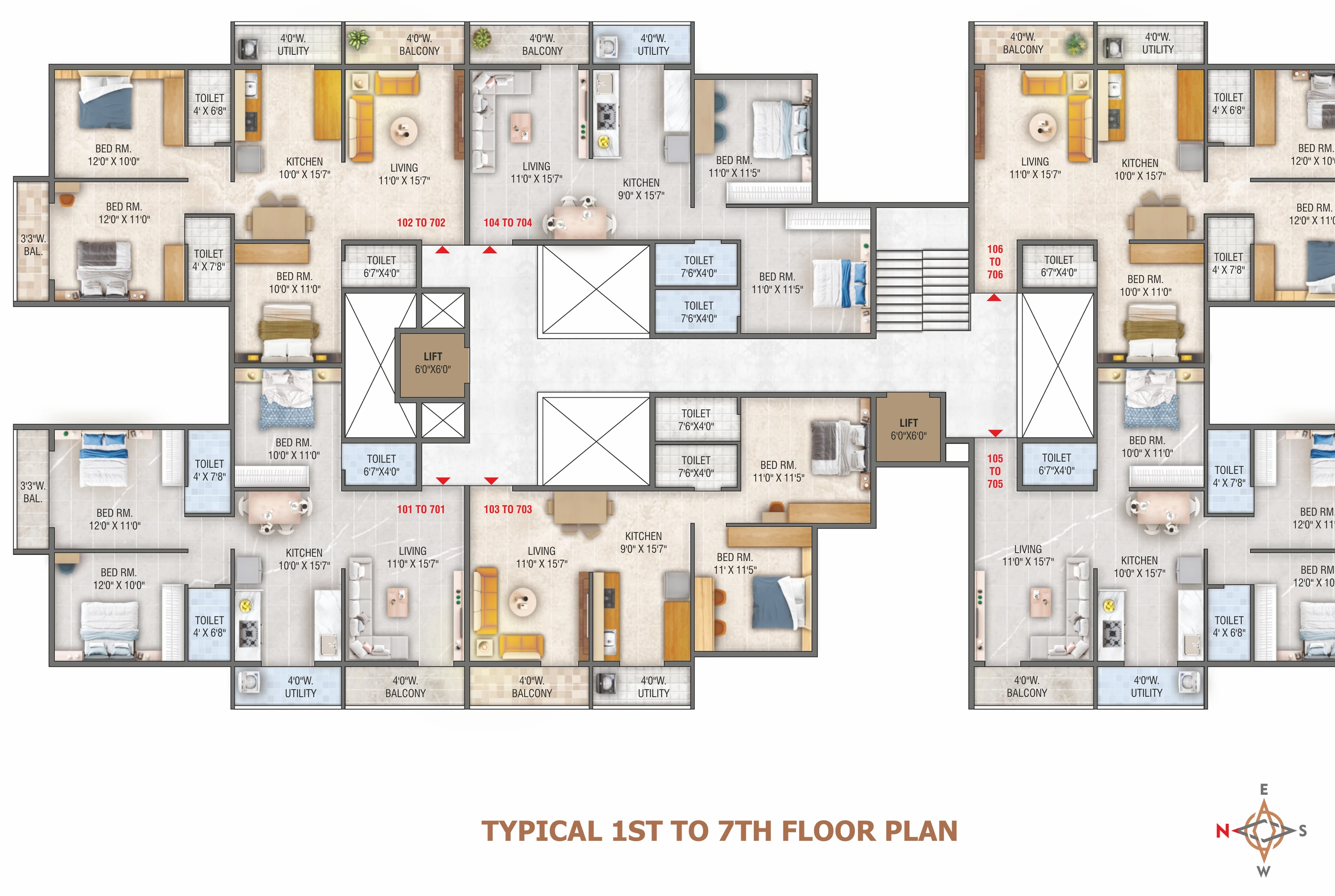 Typical 1st to 7th floor plan showing all flats with room dimensions, two lifts and the staircase